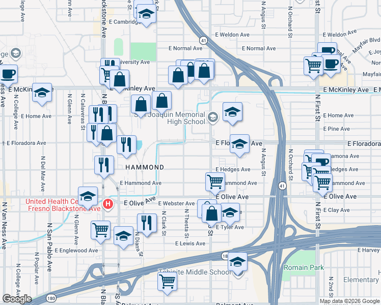 map of restaurants, bars, coffee shops, grocery stores, and more near 2415 East Lamona Avenue in Fresno