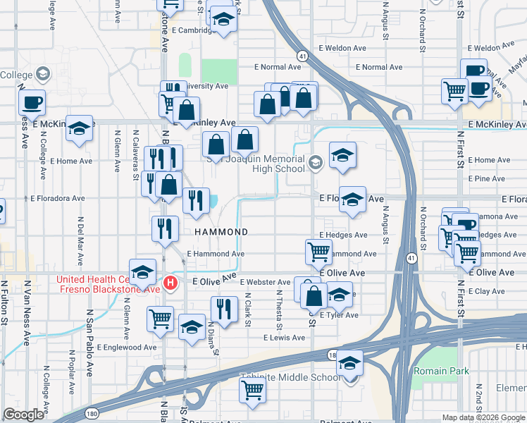 map of restaurants, bars, coffee shops, grocery stores, and more near 2233 East Lamona Avenue in Fresno