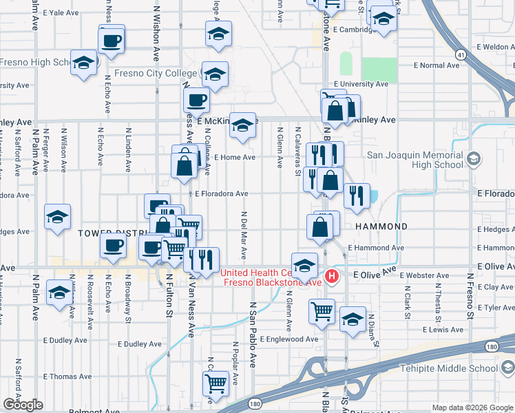map of restaurants, bars, coffee shops, grocery stores, and more near 1365 North San Pablo Avenue in Fresno