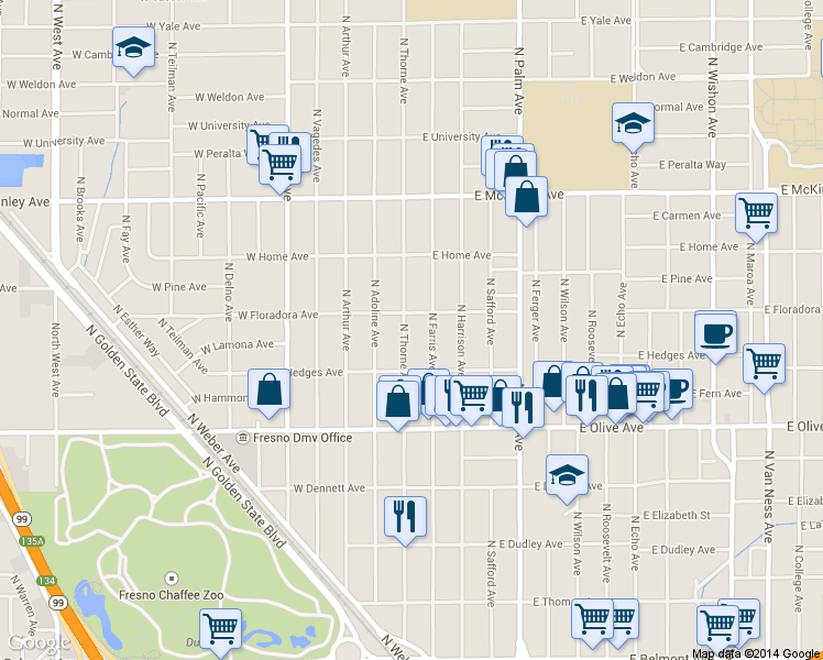 map of restaurants, bars, coffee shops, grocery stores, and more near 1361 North Farris Avenue in Fresno