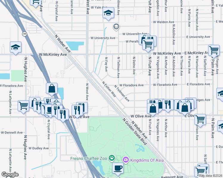 map of restaurants, bars, coffee shops, grocery stores, and more near 1354 North Esther Way in Fresno