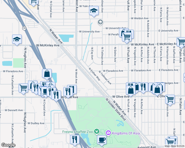 map of restaurants, bars, coffee shops, grocery stores, and more near 1395 North Esther Way in Fresno