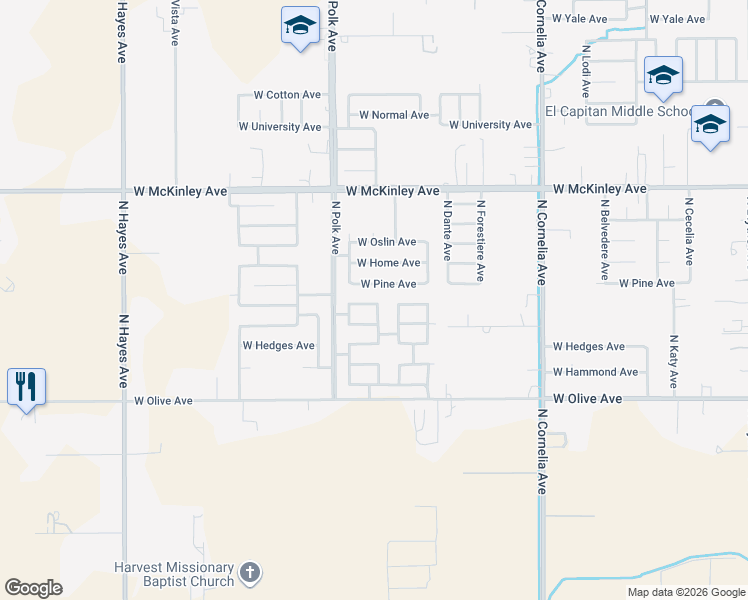 map of restaurants, bars, coffee shops, grocery stores, and more near 5405 West Floradora Avenue in Fresno