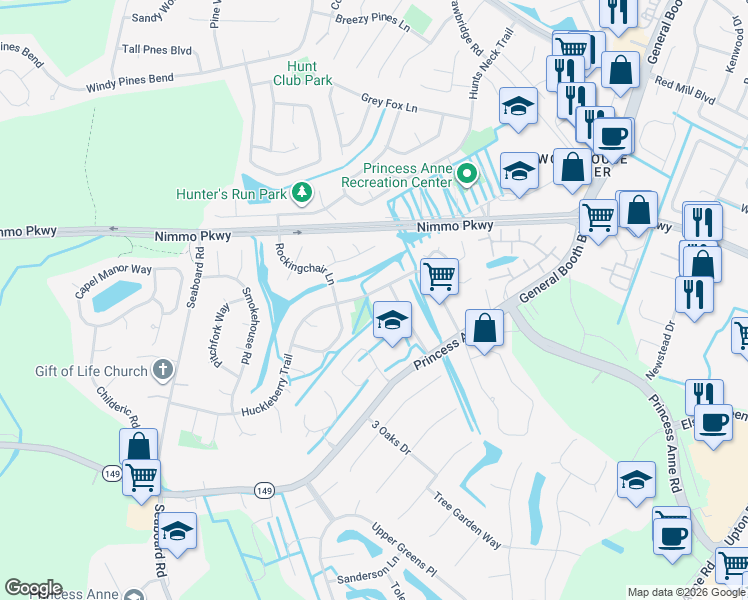 map of restaurants, bars, coffee shops, grocery stores, and more near 2204 Featherbed Court in Virginia Beach