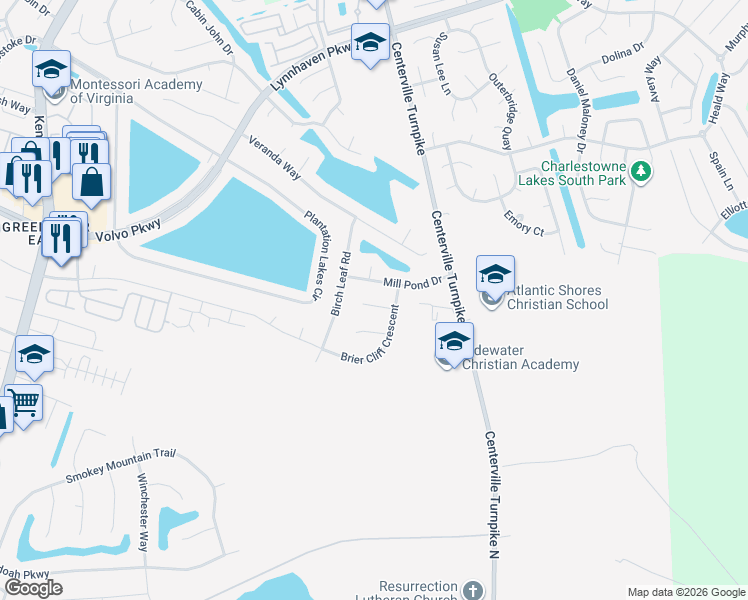 map of restaurants, bars, coffee shops, grocery stores, and more near 1916-1998 Hickory Hollow Court in Chesapeake