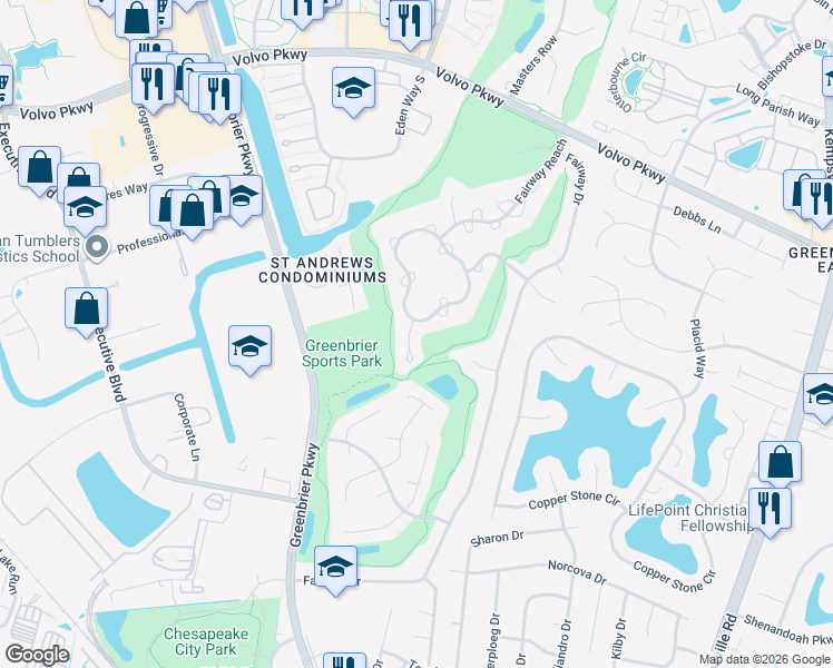 map of restaurants, bars, coffee shops, grocery stores, and more near 1005 Shoal Creek Trail in Chesapeake