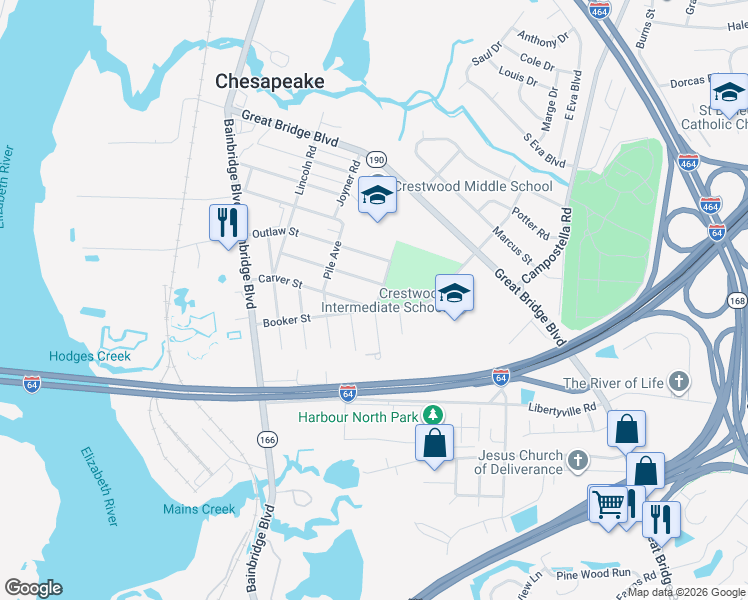 map of restaurants, bars, coffee shops, grocery stores, and more near 601 Booker Street in Chesapeake