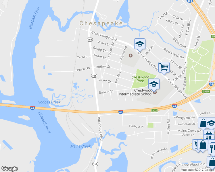 map of restaurants, bars, coffee shops, grocery stores, and more near 613 Tuskegee Avenue in Chesapeake