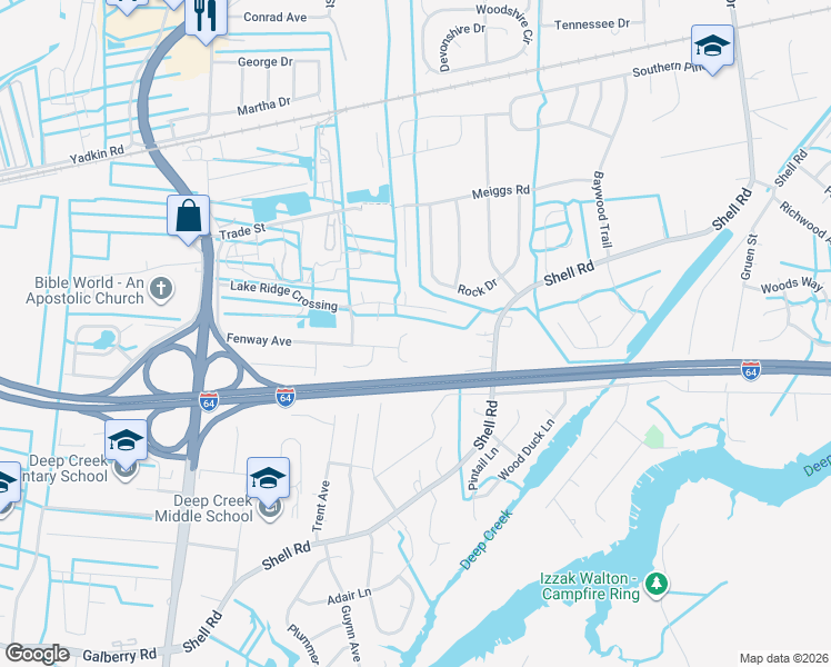 map of restaurants, bars, coffee shops, grocery stores, and more near 617 Wooddale Court in Chesapeake