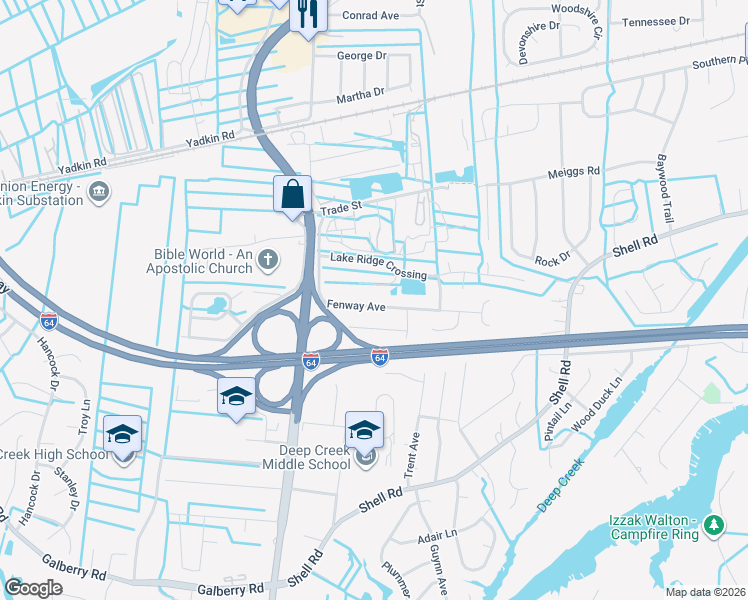 map of restaurants, bars, coffee shops, grocery stores, and more near 2712 Fenway Avenue in Chesapeake