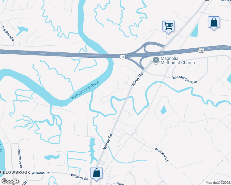 map of restaurants, bars, coffee shops, grocery stores, and more near 1535 River Creek Crescent in Suffolk