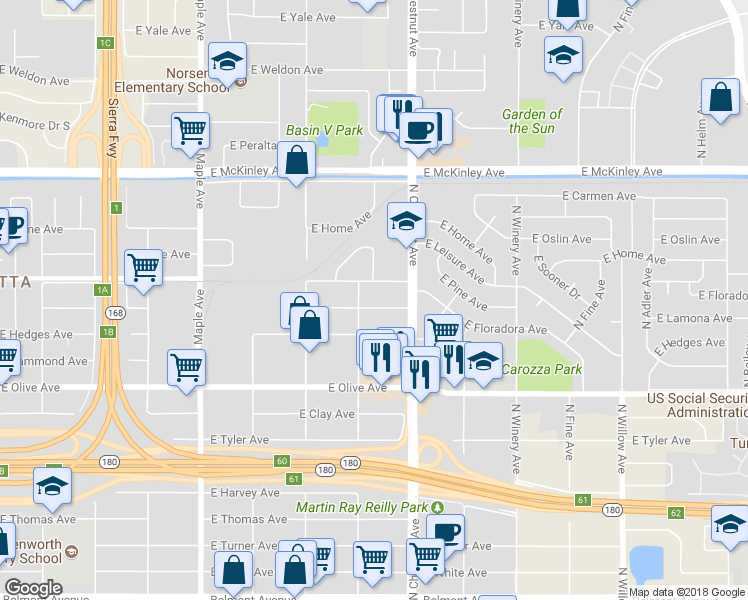 map of restaurants, bars, coffee shops, grocery stores, and more near 4779 East Lamona Avenue in Fresno