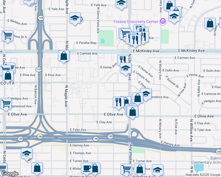 map of restaurants, bars, coffee shops, grocery stores, and more near 4737 East Lamona Avenue in Fresno