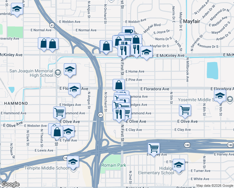 map of restaurants, bars, coffee shops, grocery stores, and more near 3059 East Lamona Avenue in Fresno