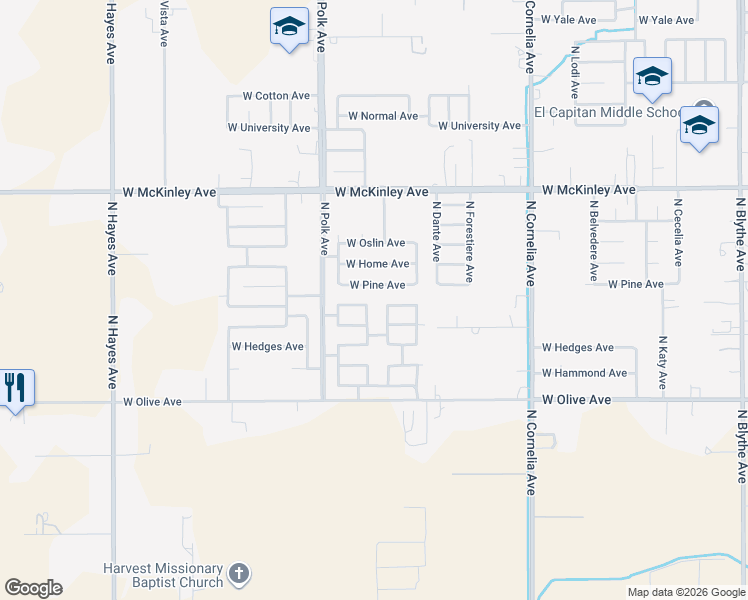 map of restaurants, bars, coffee shops, grocery stores, and more near 5405 West Floradora Avenue in Fresno