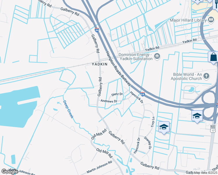 map of restaurants, bars, coffee shops, grocery stores, and more near 3288 Galberry Rd in Chesapeake