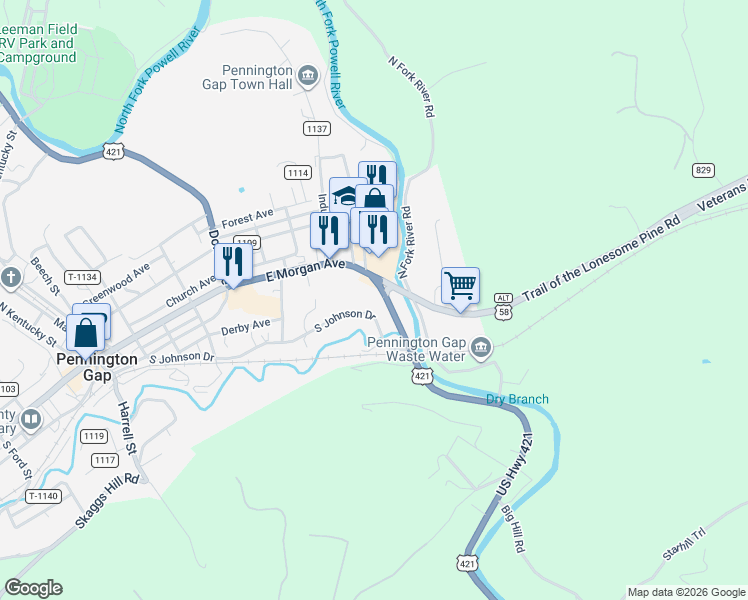 map of restaurants, bars, coffee shops, grocery stores, and more near 201 Woodway Road in Pennington Gap