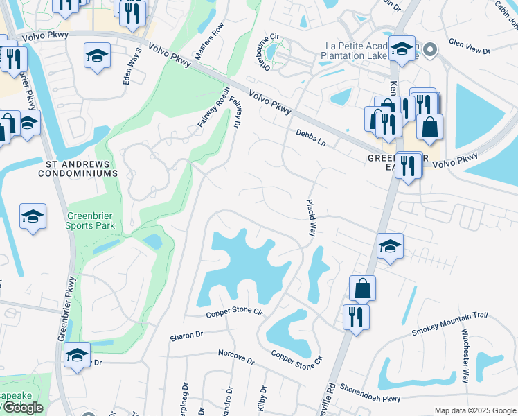 map of restaurants, bars, coffee shops, grocery stores, and more near 1305 John Anthony Court in Chesapeake
