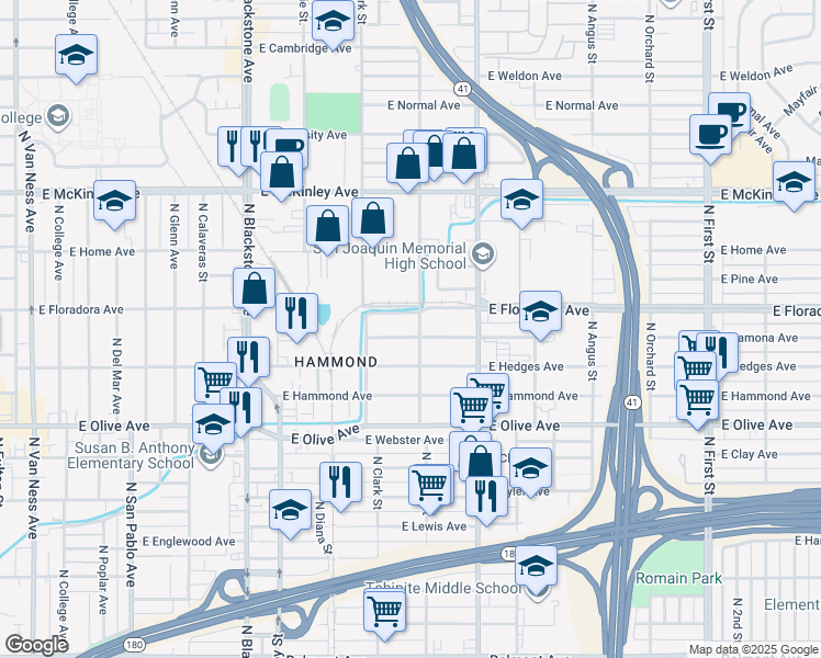 map of restaurants, bars, coffee shops, grocery stores, and more near 2233 East Lamona Avenue in Fresno