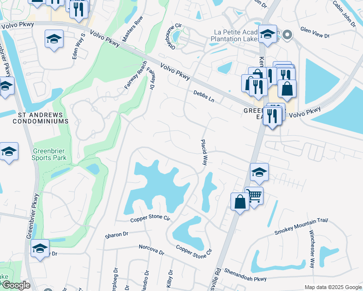 map of restaurants, bars, coffee shops, grocery stores, and more near 1340 Hunningdon Woods Boulevard in Chesapeake