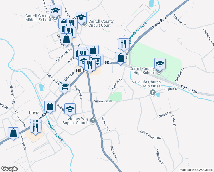 map of restaurants, bars, coffee shops, grocery stores, and more near 222 Fulcher Street in Hillsville