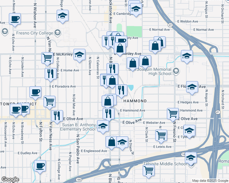 map of restaurants, bars, coffee shops, grocery stores, and more near 1357 North Abby Street in Fresno
