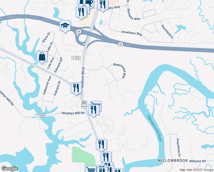 map of restaurants, bars, coffee shops, grocery stores, and more near 307 Waterwood Way in Suffolk