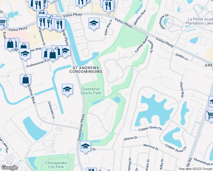 map of restaurants, bars, coffee shops, grocery stores, and more near 1021 Winged Foot Court in Chesapeake