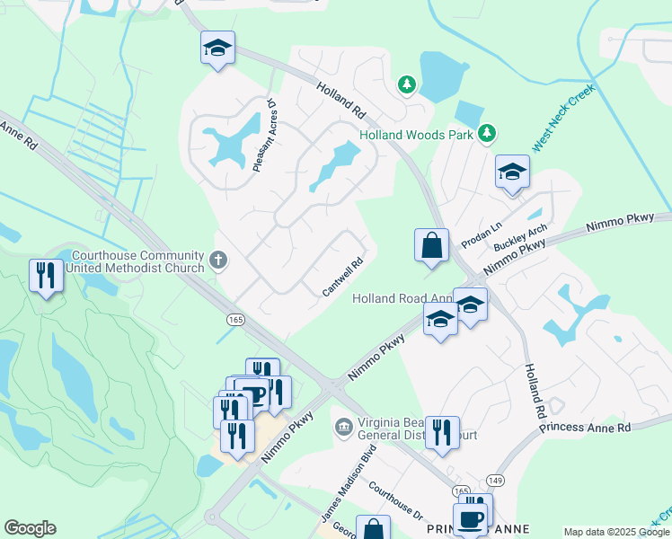 map of restaurants, bars, coffee shops, grocery stores, and more near 2561 Cantwell Road in Virginia Beach