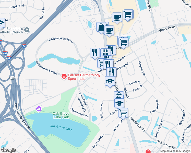 map of restaurants, bars, coffee shops, grocery stores, and more near 1217 Alder Court in Chesapeake