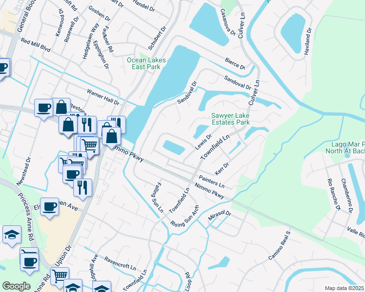 map of restaurants, bars, coffee shops, grocery stores, and more near 2452 Kerr Drive in Virginia Beach