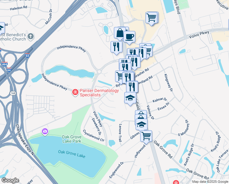 map of restaurants, bars, coffee shops, grocery stores, and more near 1213 Alder Court in Chesapeake