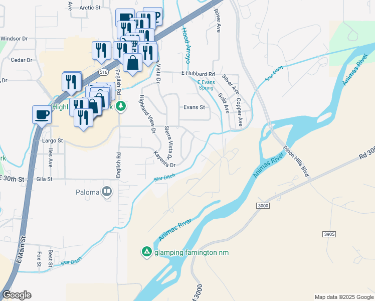 map of restaurants, bars, coffee shops, grocery stores, and more near 3503 Kayenta Drive in Farmington
