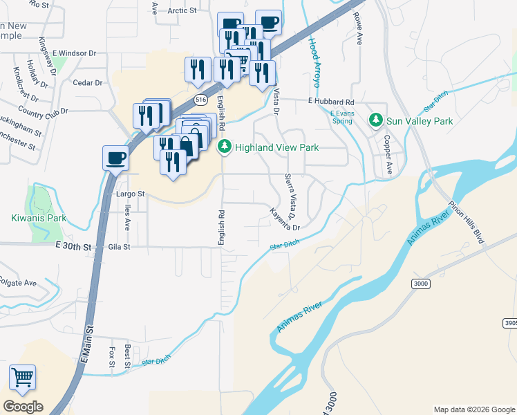 map of restaurants, bars, coffee shops, grocery stores, and more near 3499 Highland View Dr in Farmington