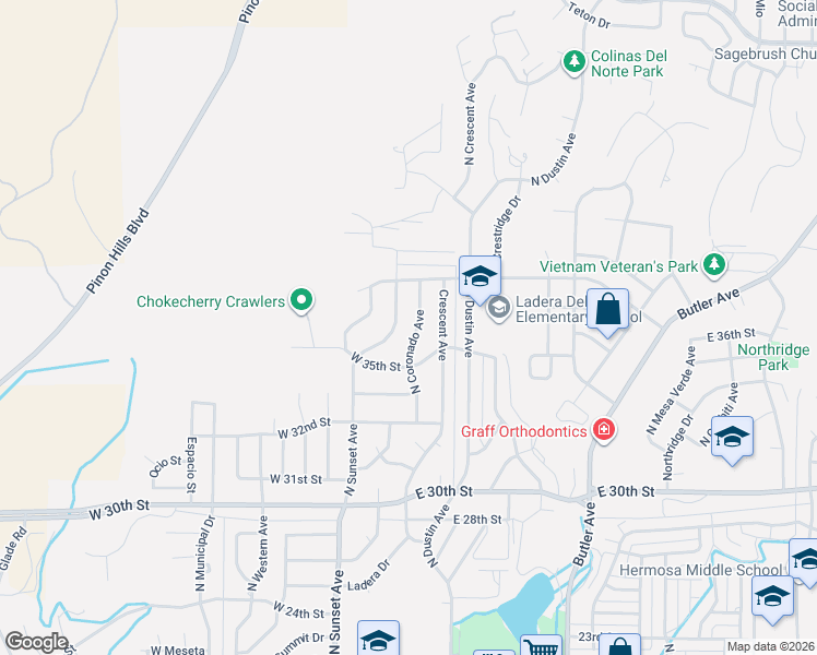 map of restaurants, bars, coffee shops, grocery stores, and more near 3508 North Coronado Avenue in Farmington
