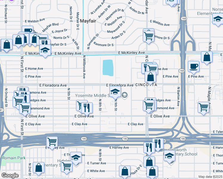 map of restaurants, bars, coffee shops, grocery stores, and more near 1330 North 8th Street in Fresno