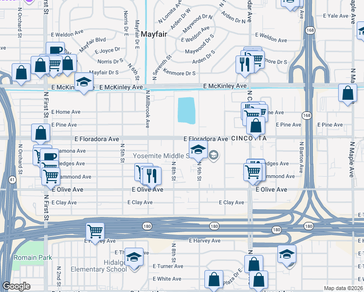 map of restaurants, bars, coffee shops, grocery stores, and more near 1330 North 8th Street in Fresno