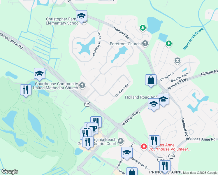 map of restaurants, bars, coffee shops, grocery stores, and more near 2301 Rosebay Court in Virginia Beach