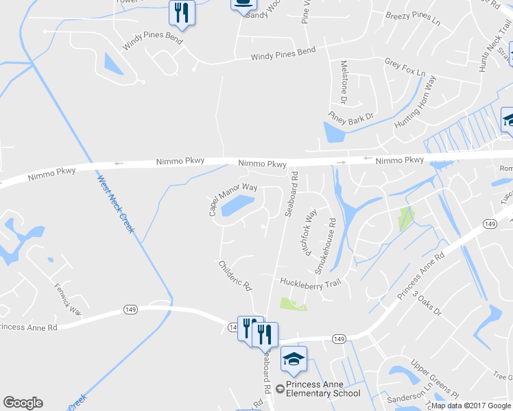 map of restaurants, bars, coffee shops, grocery stores, and more near 1917 Capel Manor Way in Virginia Beach