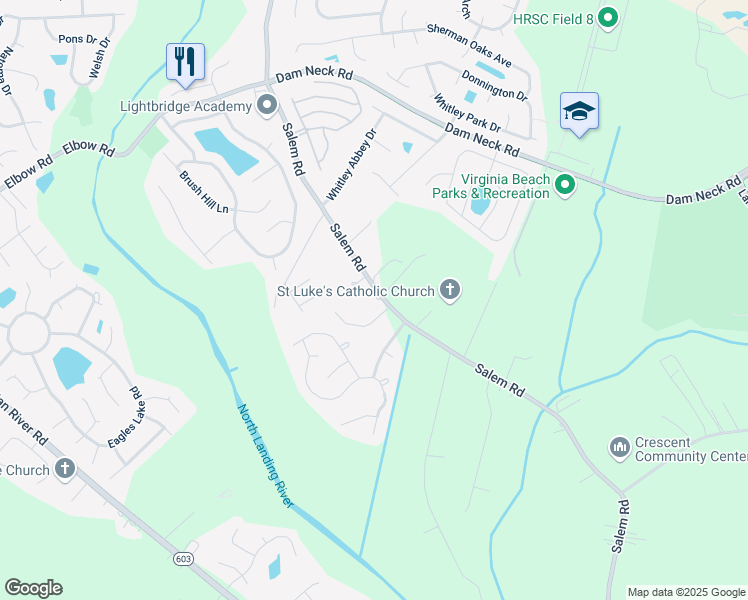 map of restaurants, bars, coffee shops, grocery stores, and more near 2275 Salem Road in Virginia Beach