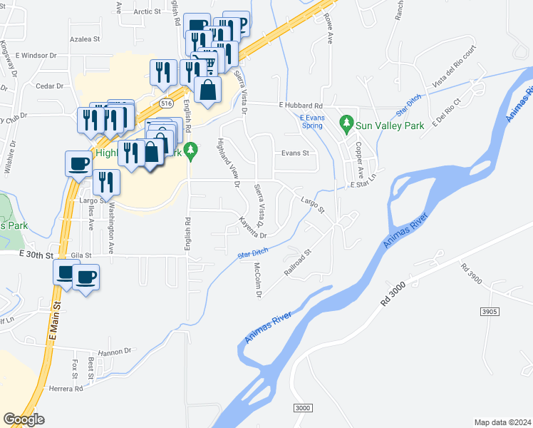 map of restaurants, bars, coffee shops, grocery stores, and more near 3510 Sierra Vista Drive in Farmington