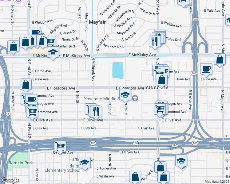 map of restaurants, bars, coffee shops, grocery stores, and more near 1330 North 8th Street in Fresno