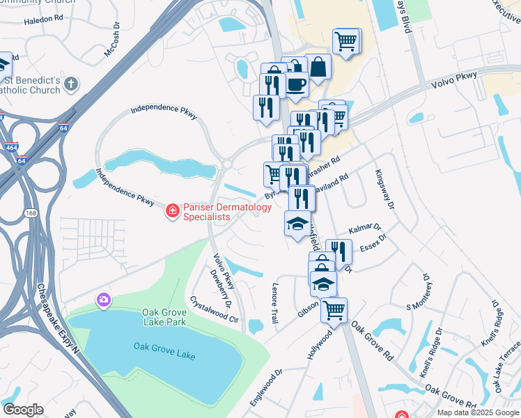 map of restaurants, bars, coffee shops, grocery stores, and more near 1217 Alder Court in Chesapeake