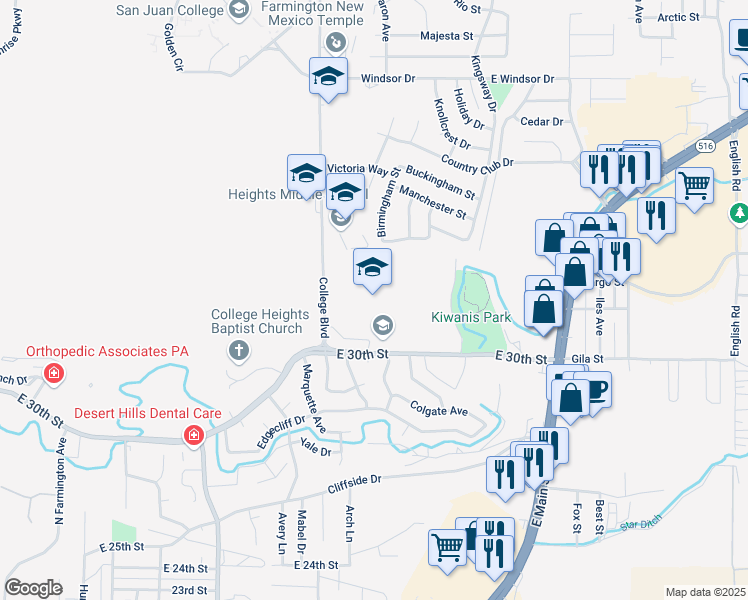 map of restaurants, bars, coffee shops, grocery stores, and more near 3250 East 30th Street in Farmington