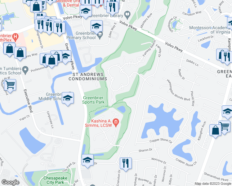 map of restaurants, bars, coffee shops, grocery stores, and more near 1001 Shoal Creek Trail in Chesapeake