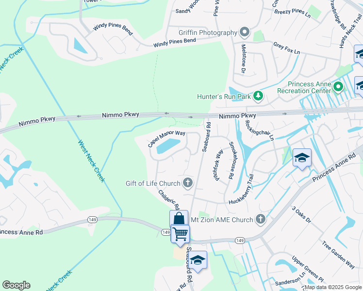 map of restaurants, bars, coffee shops, grocery stores, and more near 1917 Capel Manor Way in Virginia Beach