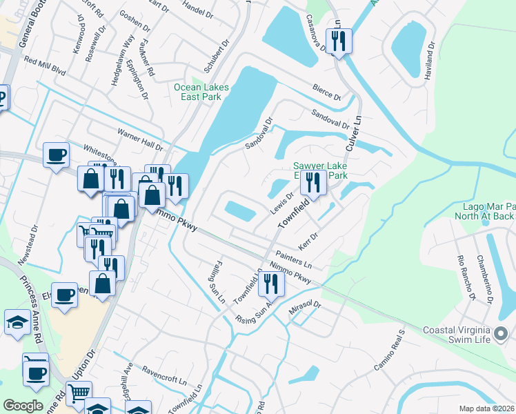 map of restaurants, bars, coffee shops, grocery stores, and more near 1001 Hawthorne Farm Terrace in Virginia Beach