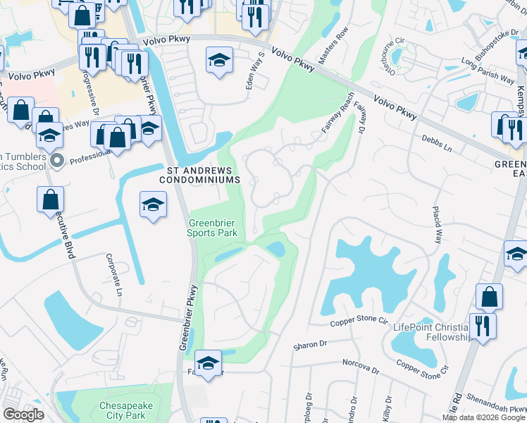 map of restaurants, bars, coffee shops, grocery stores, and more near 1005 Shoal Creek Trail in Chesapeake