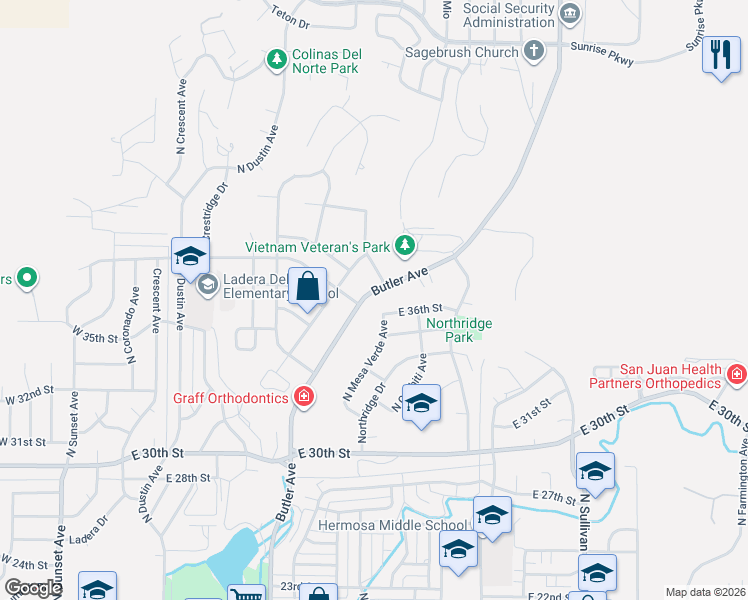map of restaurants, bars, coffee shops, grocery stores, and more near 3802 North Butler Avenue in Farmington