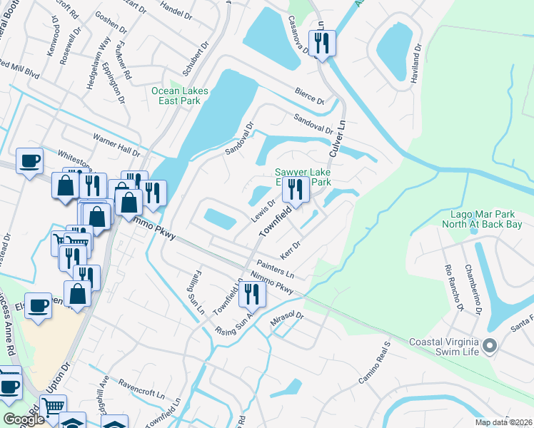 map of restaurants, bars, coffee shops, grocery stores, and more near 2065 Townfield Lane in Virginia Beach